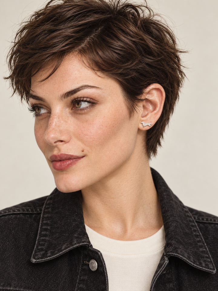 Dachshund Stud Earrings in silver worn on a model