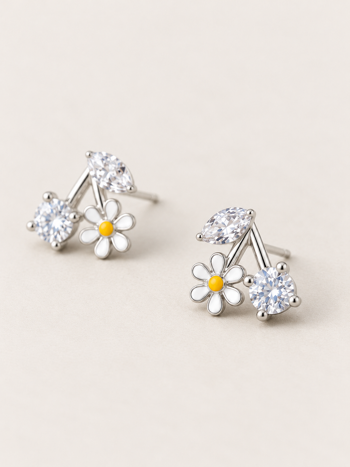 Daisy Crystal Stud Earrings shown angled on a warm neutral background