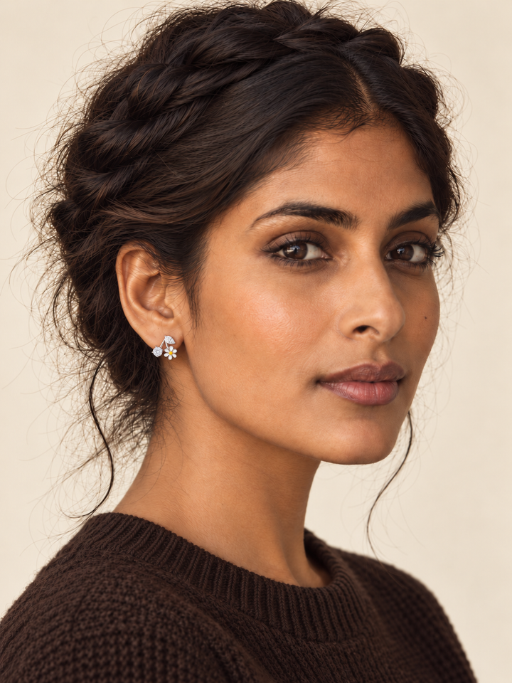 Daisy Crystal Stud Earrings worn on the viewer-left ear