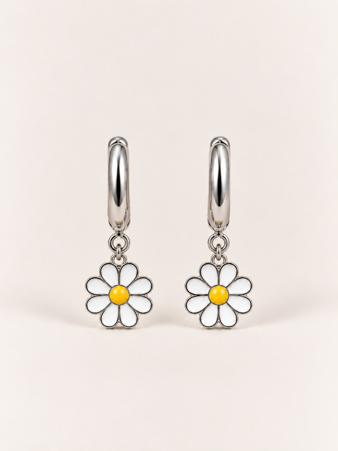 Daisy Hoop Earrings shown from the front on a warm neutral background
