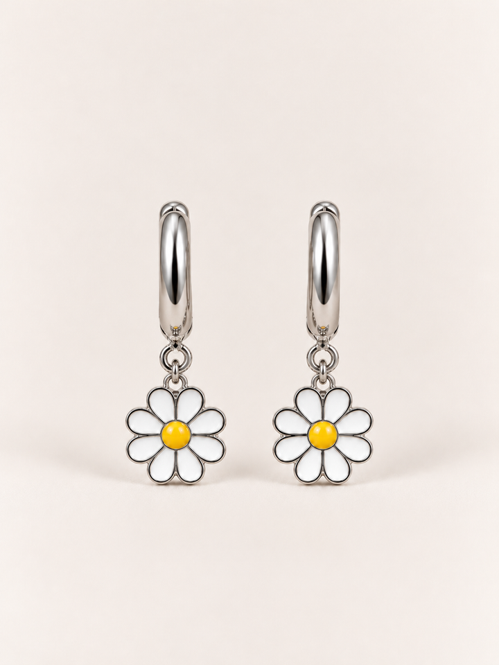 Daisy Hoop Earrings shown from the front on a warm neutral background