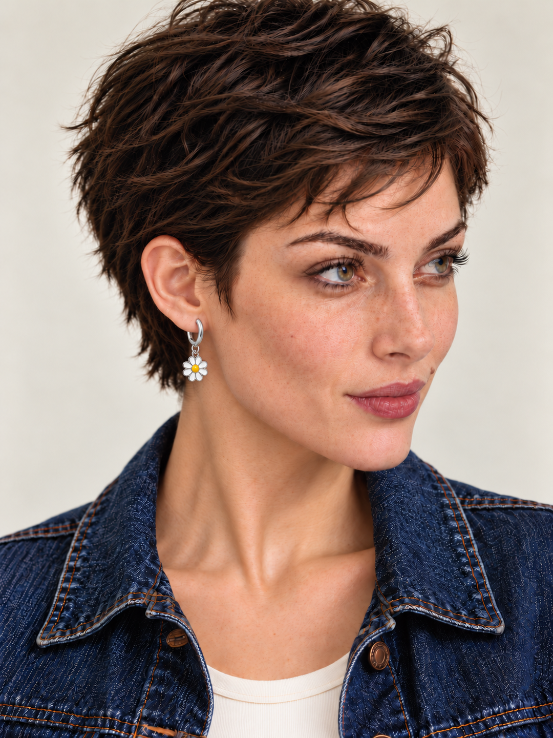 Silver Daisy Hoop Earring worn on the viewer-left ear with a dark blue denim jacket