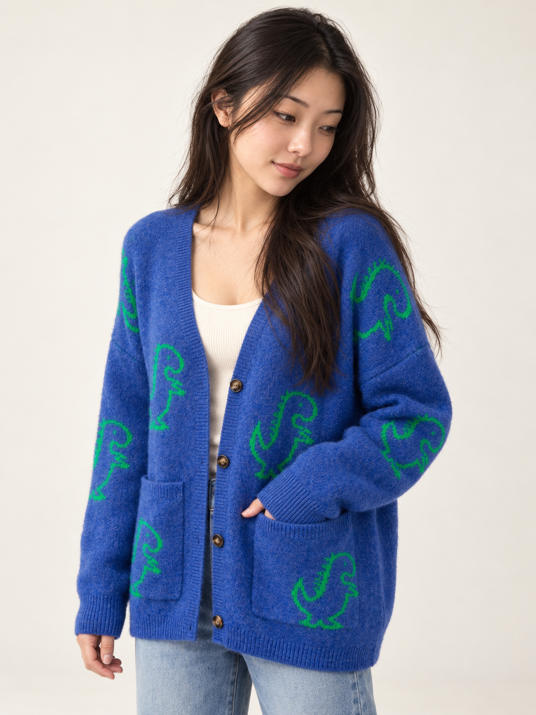 Dinosaur Blue Cardigan angled view
