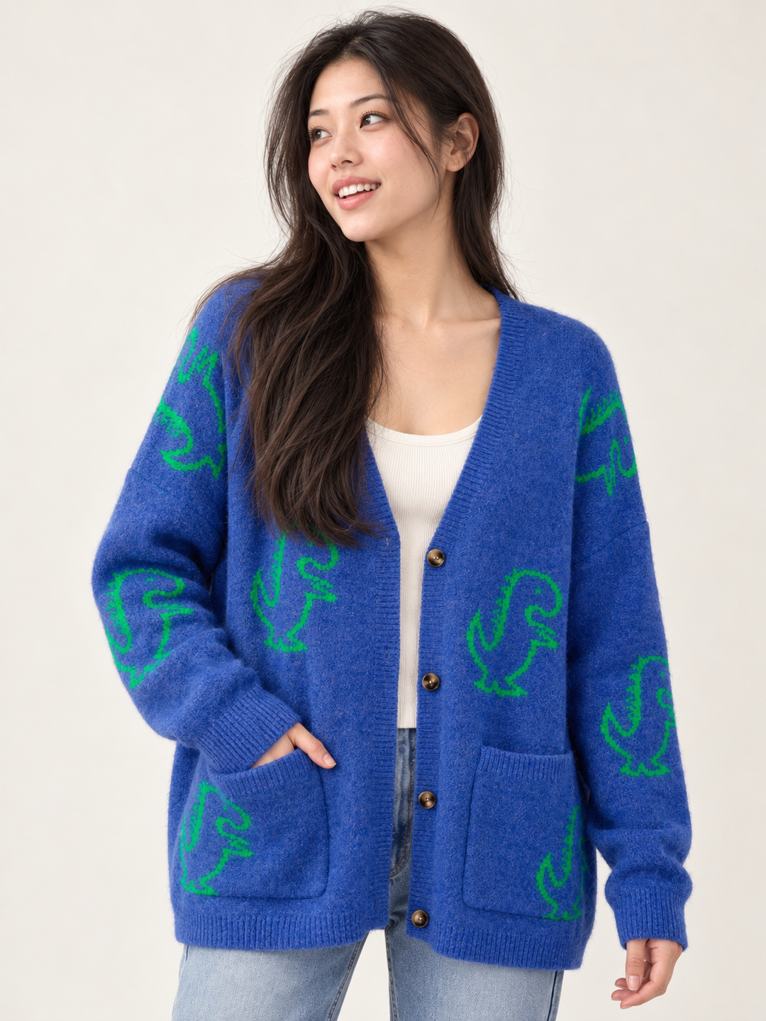 Dinosaur Blue Cardigan front view
