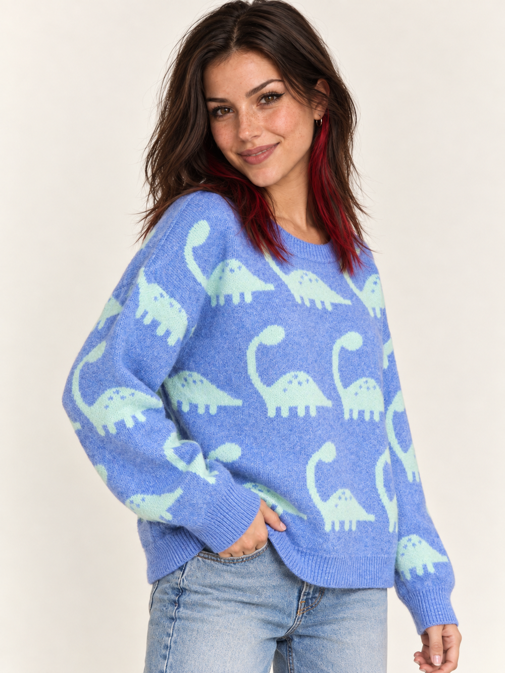 Three-quarter view of Dinosaur Brontosaurus Sweater Blue on model