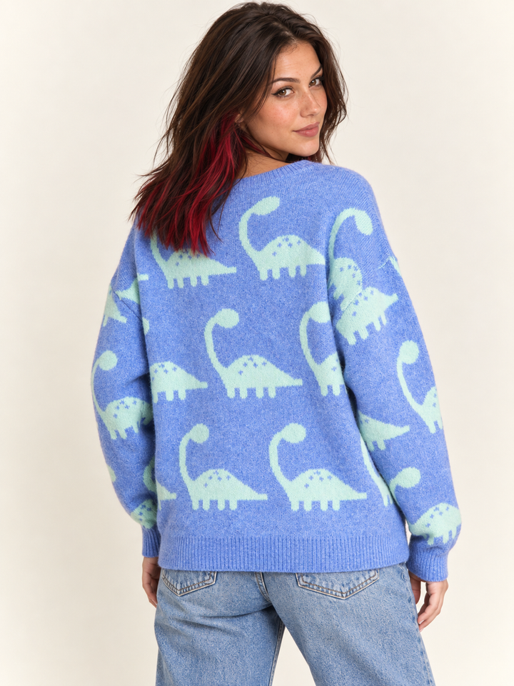 Back view of Dinosaur Brontosaurus Sweater Blue on model