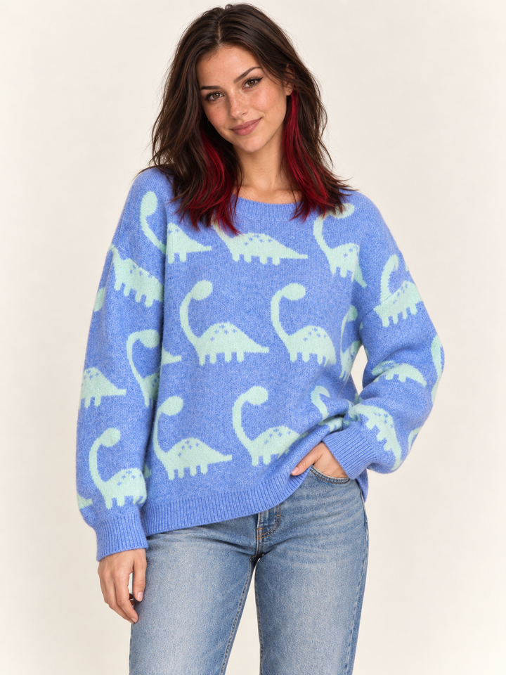 Front view of Dinosaur Brontosaurus Sweater Blue on model