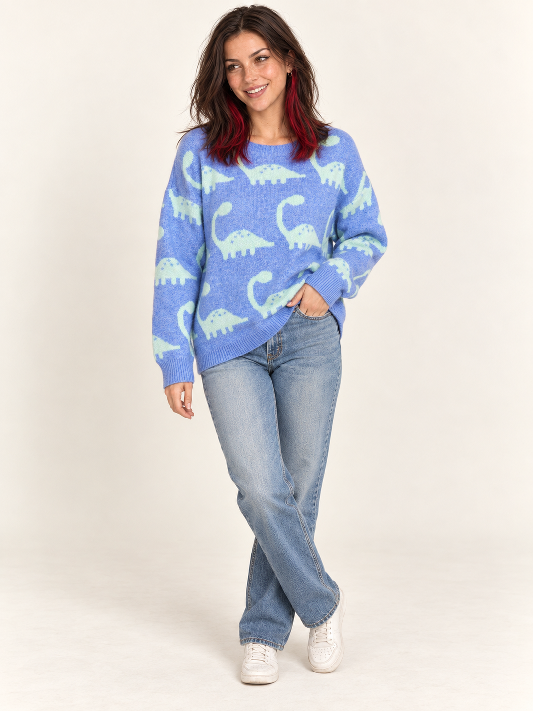 Full-body view of Dinosaur Brontosaurus Sweater Blue on model