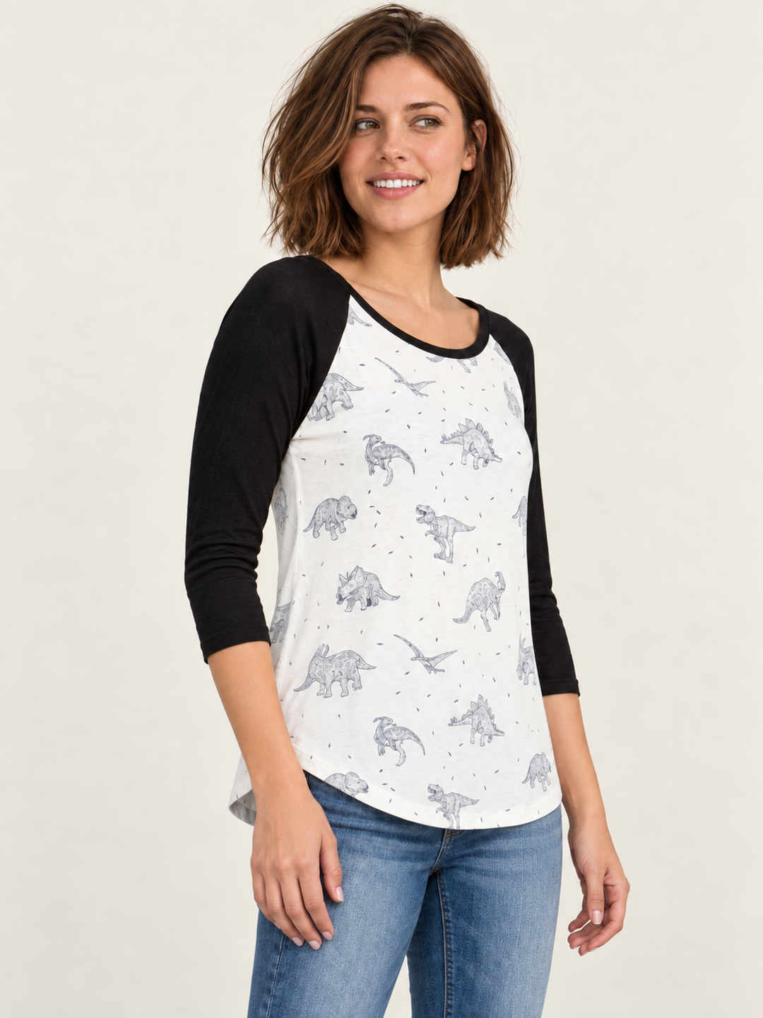 Dinosaur Raglan Tee angled view on model