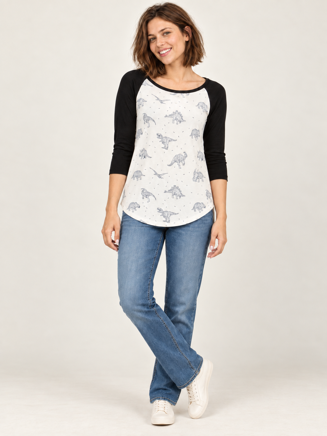 Dinosaur Raglan Tee full-body front view on model
