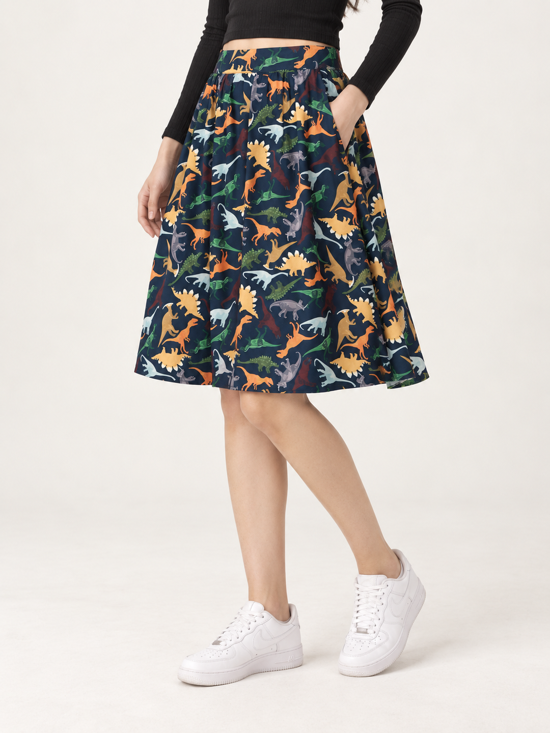 Dinosaur Skirt modeled — 45-degree waist-down view