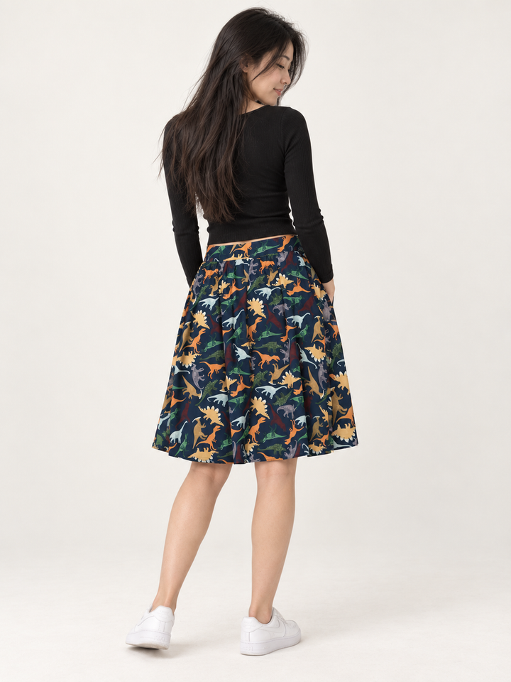 Dinosaur Skirt modeled — full-body back view