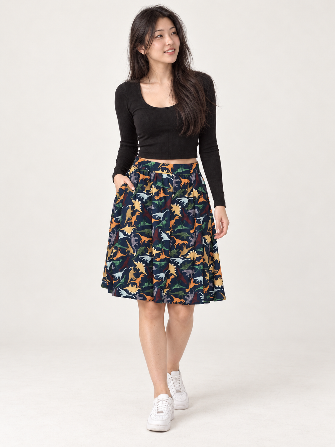 Dinosaur Skirt modeled — full-body front view