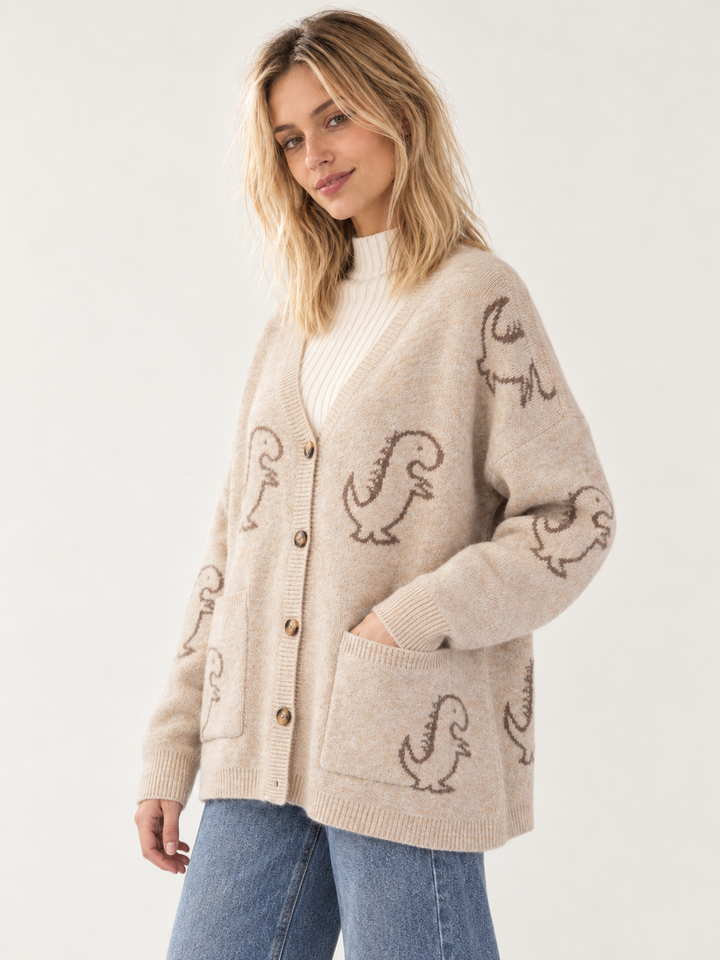 Dinosaur Tan Cardigan 45-degree view on model