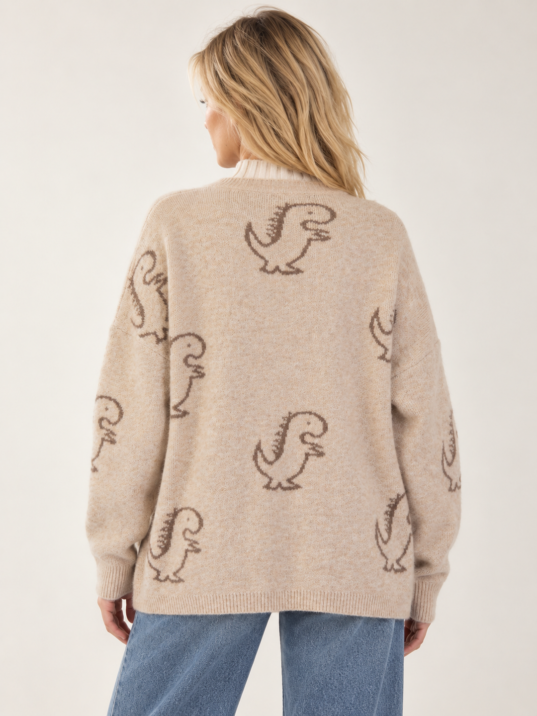 Dinosaur Tan Cardigan back view on model