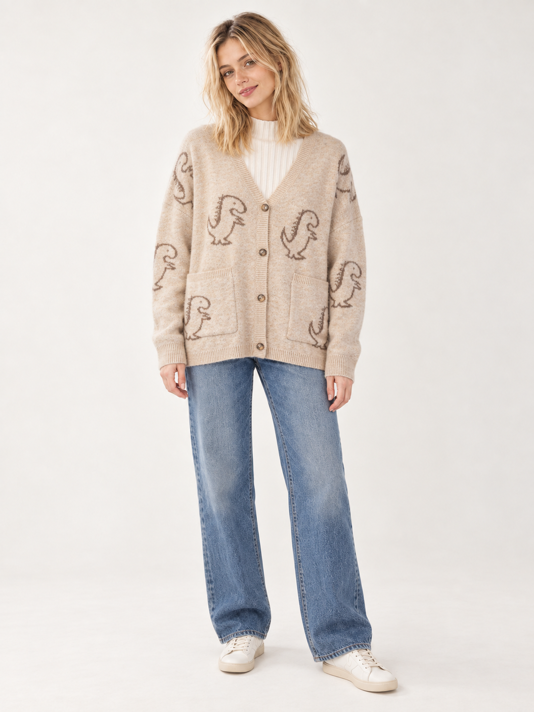 Dinosaur Tan Cardigan full-body front view on model