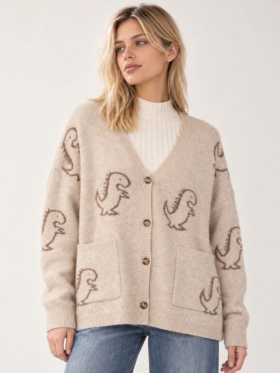 Dinosaur Tan Cardigan front view on model