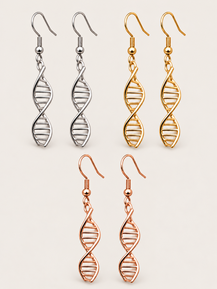DNA Double Helix Earrings in Silver, Gold and Rose Gold on a warm neutral background