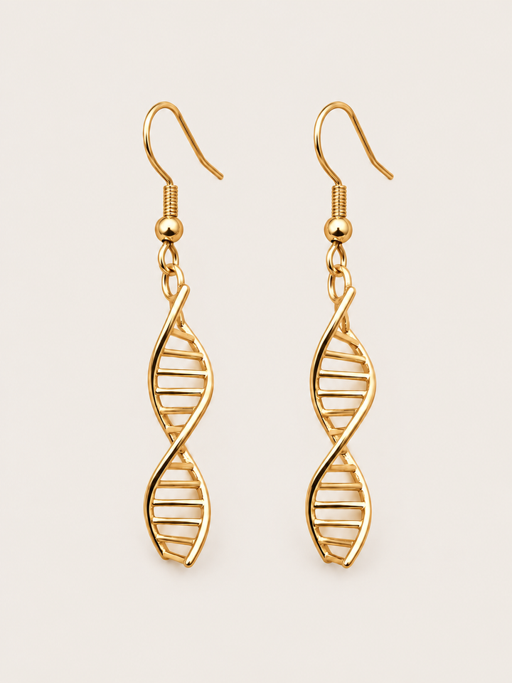 Gold DNA Double Helix Earrings shown on a warm neutral background
