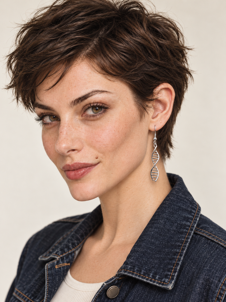 Silver stainless steel DNA Double Helix Earrings worn by a model