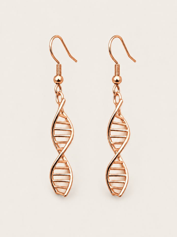 Rose Gold DNA Double Helix Earrings shown on a warm neutral background