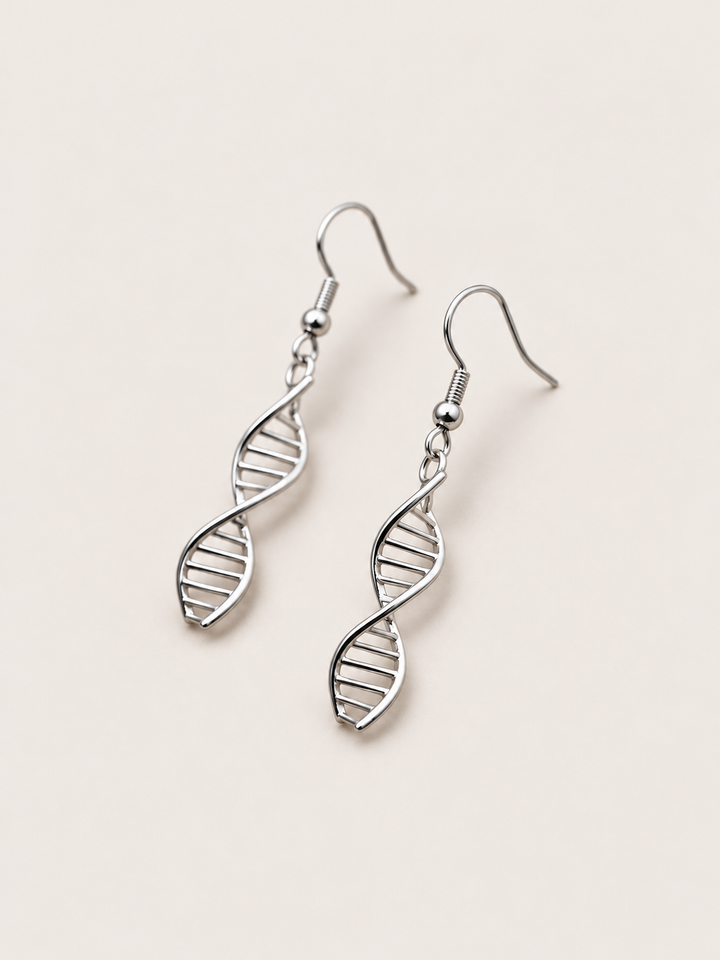 Silver DNA Double Helix Earrings shown angled on a warm neutral background