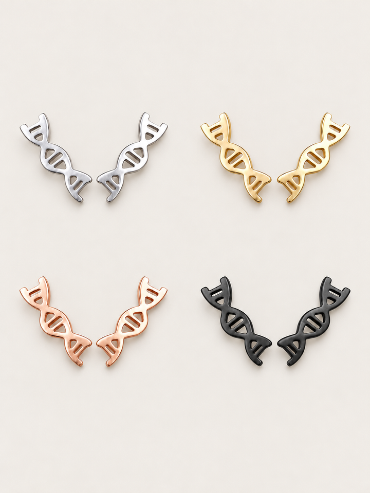DNA Double Helix Stud Earrings in Silver, Gold, Rose Gold and Black on a warm neutral background