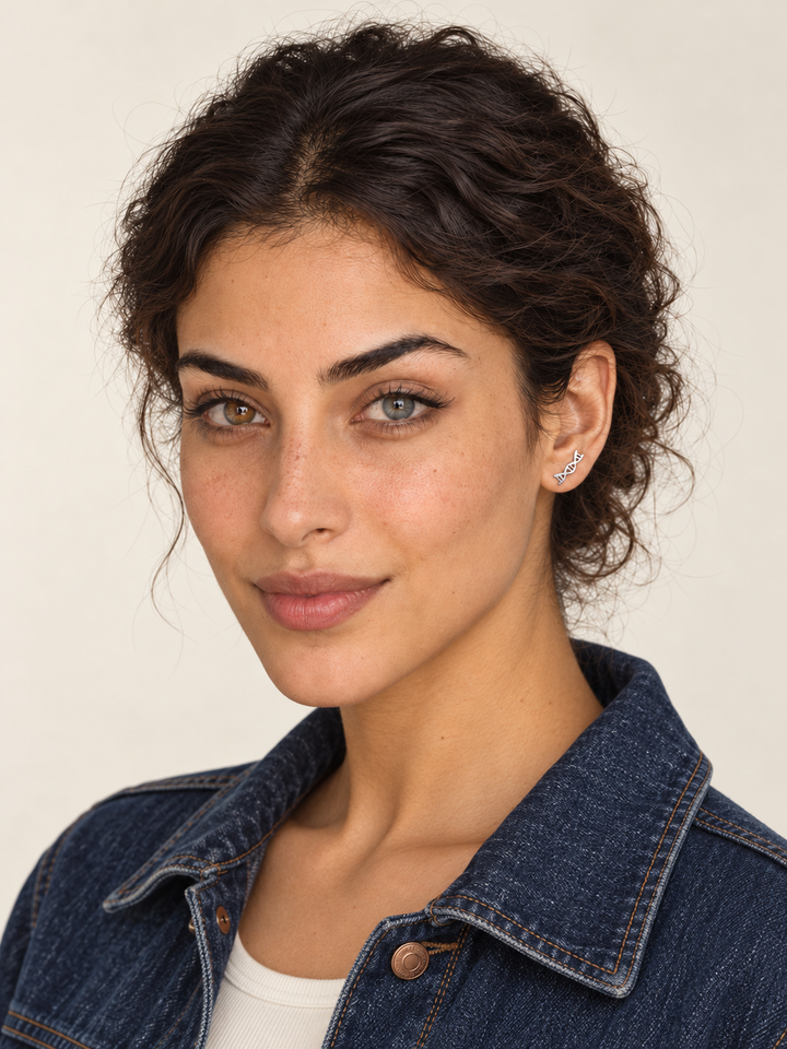 DNA Double Helix Stud Earrings — Silver worn on a model