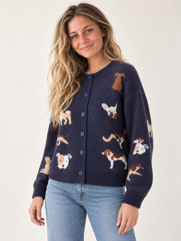 Navy dog-pattern cardigan three-quarter view