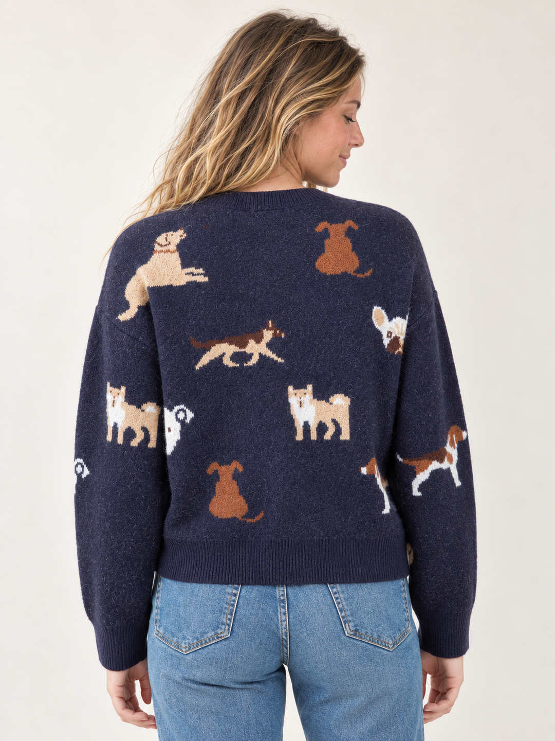 Navy dog-pattern cardigan back view