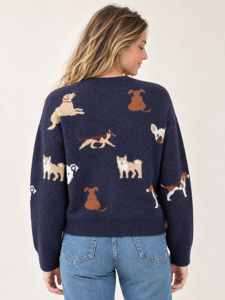 Navy dog-pattern cardigan back view