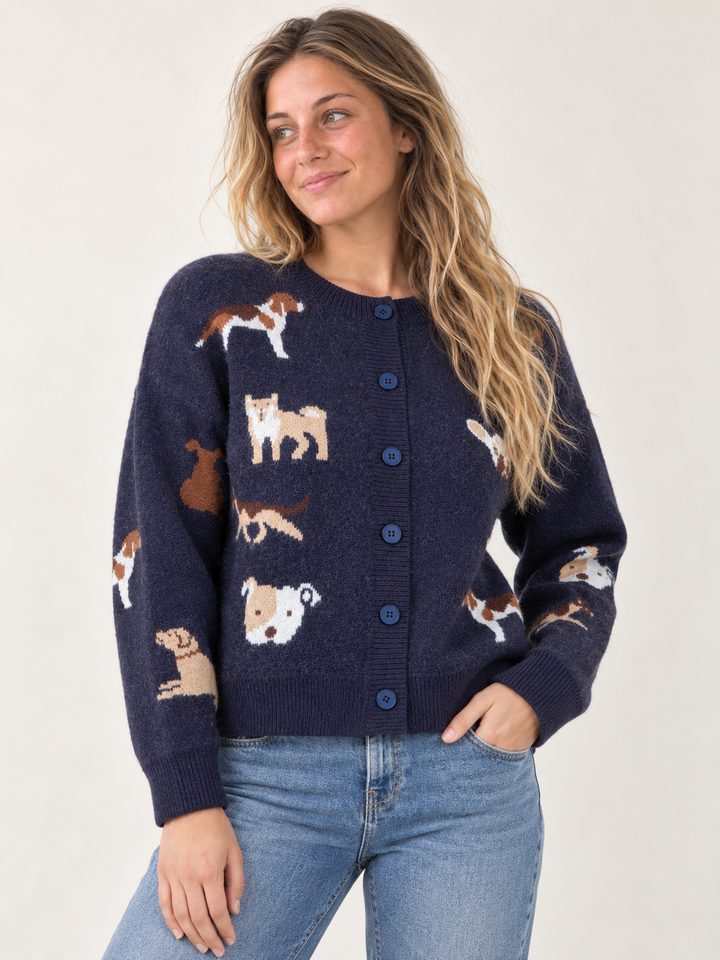 Navy dog-pattern cardigan front view