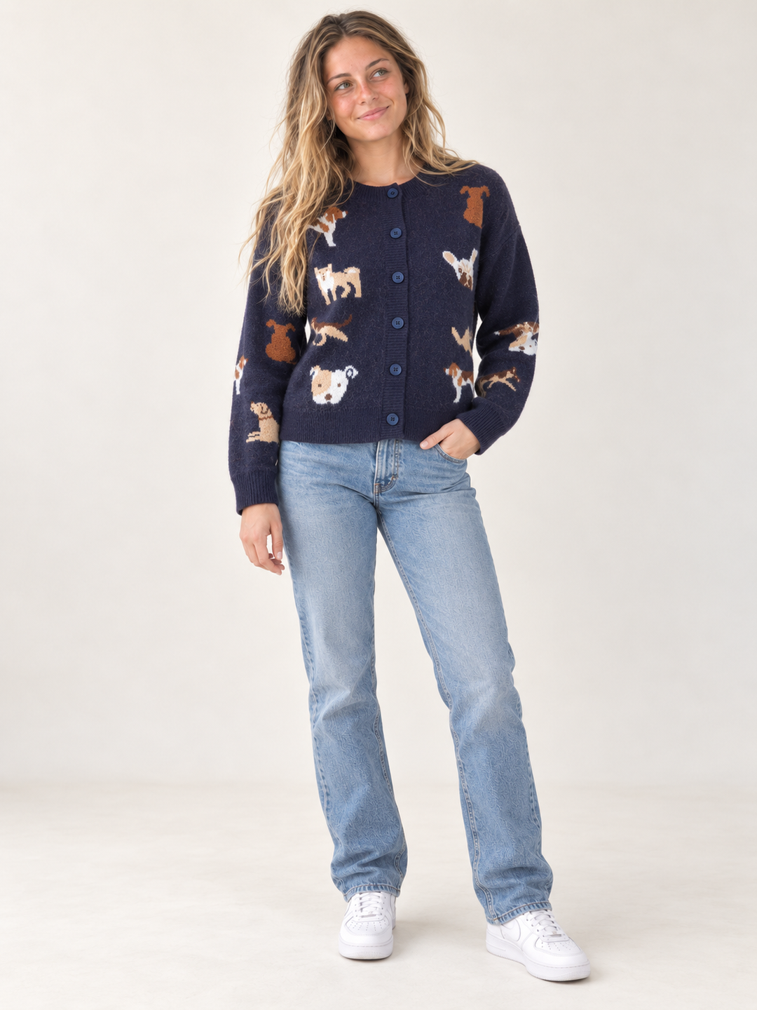 Navy dog-pattern cardigan full-body front view
