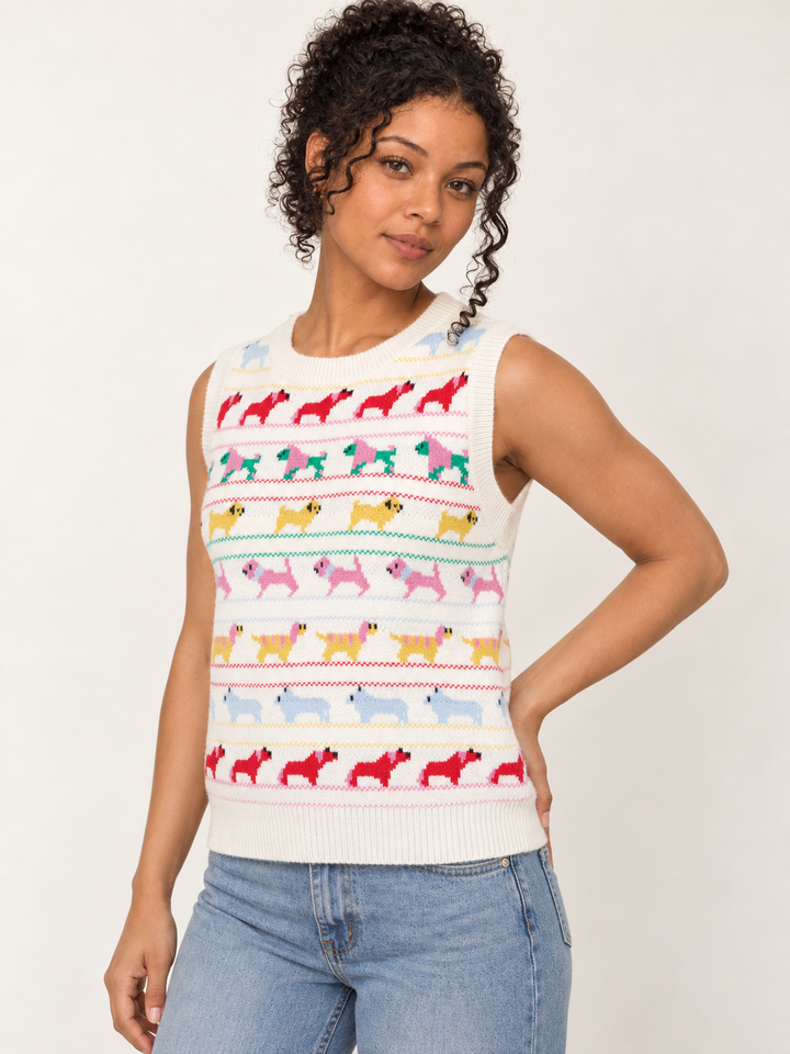 Dog Pattern Vest Ivory angled view on model