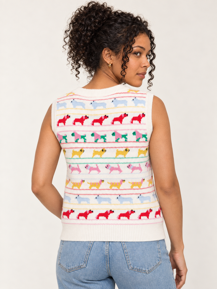 Dog Pattern Vest Ivory back view on model