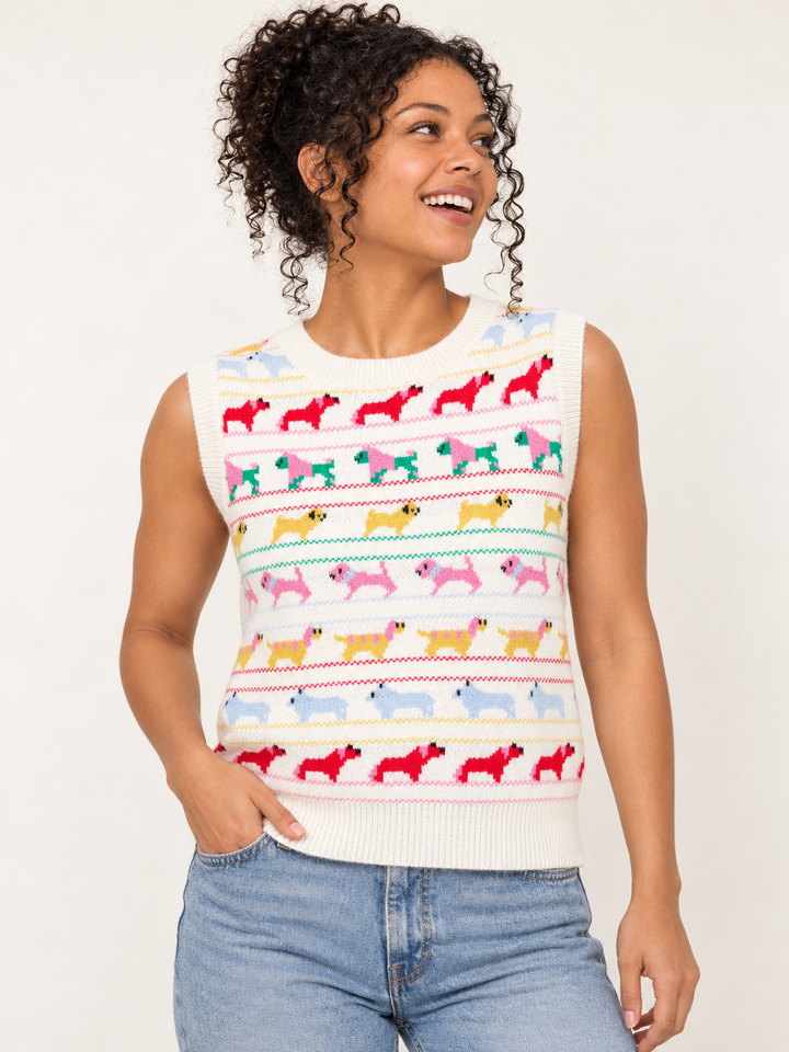 Dog Pattern Vest Ivory front view on model
