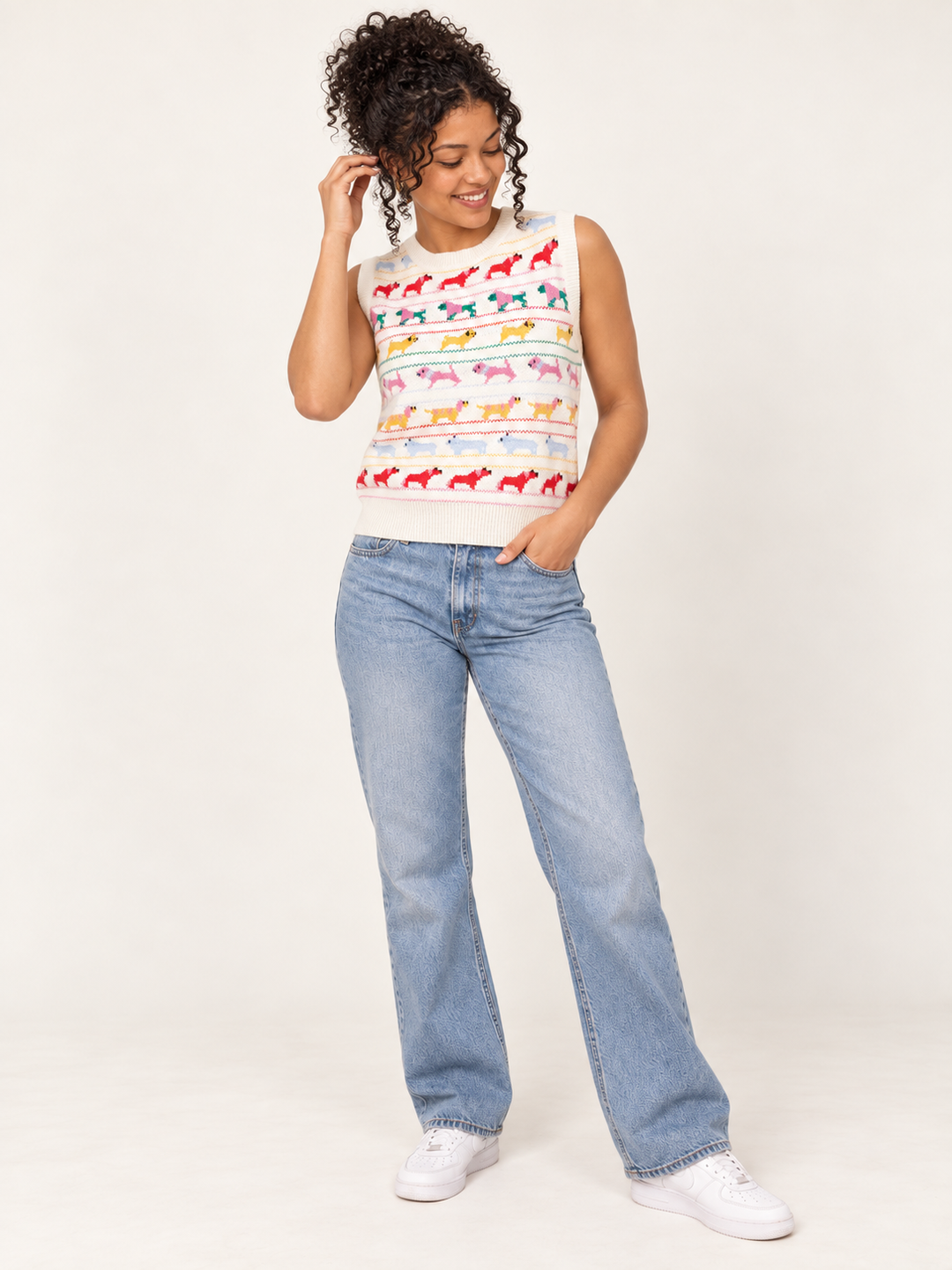 Dog Pattern Vest Ivory full-body view on model