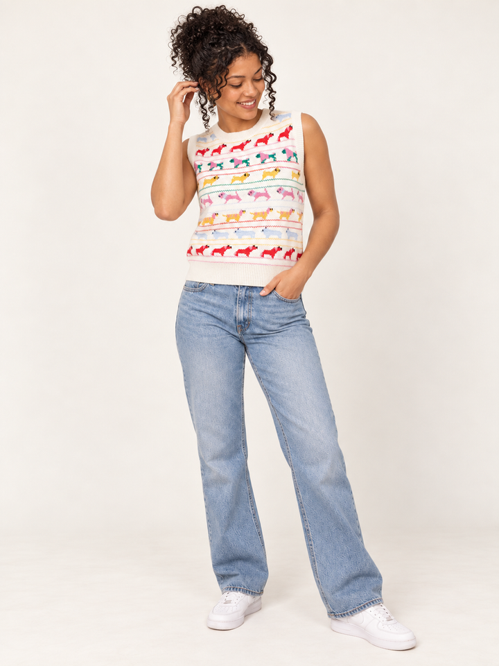 Dog Pattern Vest Ivory full-body view on model