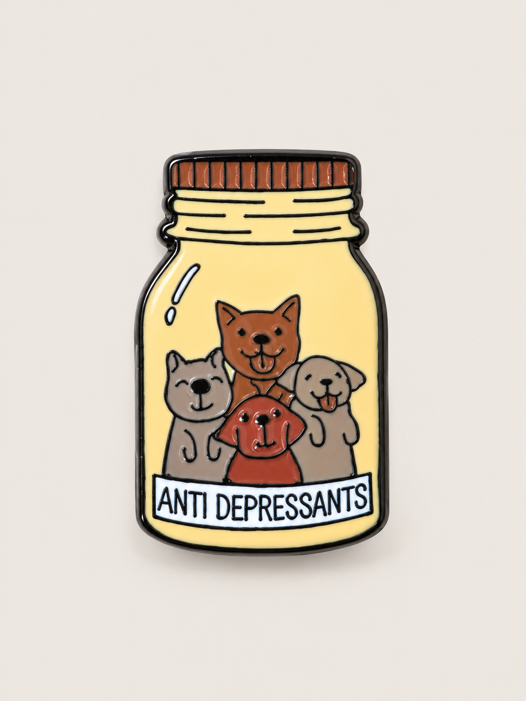 Dogs Antidepressants Bottle Pin shown on a warm neutral background