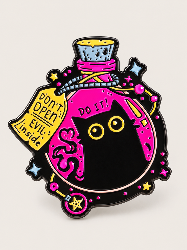 Don't Open Evil Inside Cat Potion Pin shown on a warm neutral background