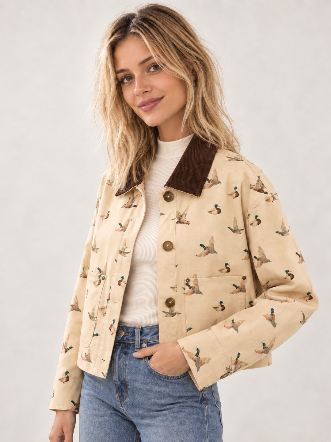 Model wearing Duck Corduroy Collar Jacket, angled view