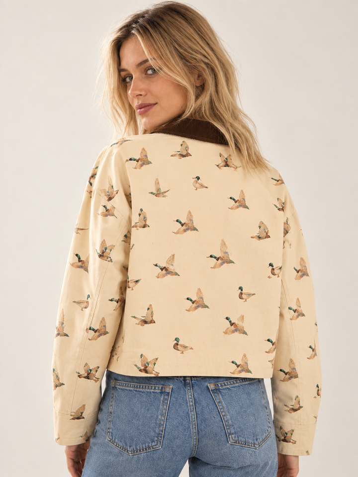 Model wearing Duck Corduroy Collar Jacket, back view