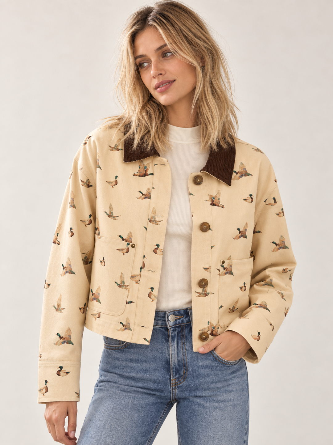 Model wearing Duck Corduroy Collar Jacket, front view
