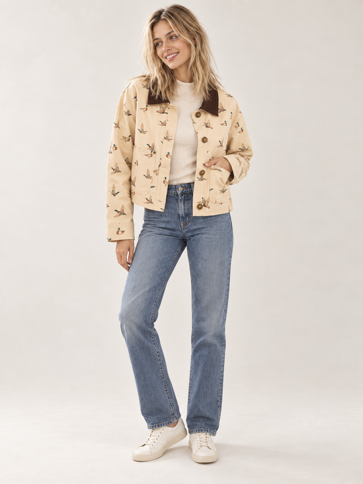 Model wearing Duck Corduroy Collar Jacket, full-body view