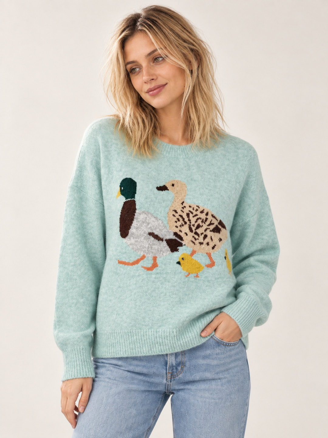 Duck Family Sweater Green front view on model