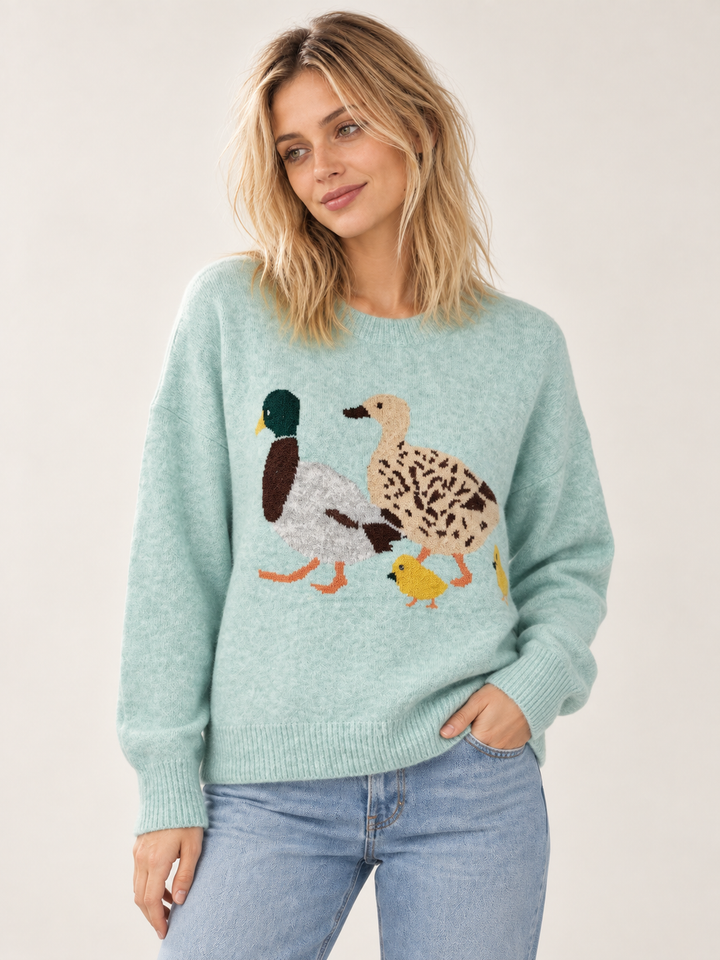 Duck Family Sweater Green front view on model