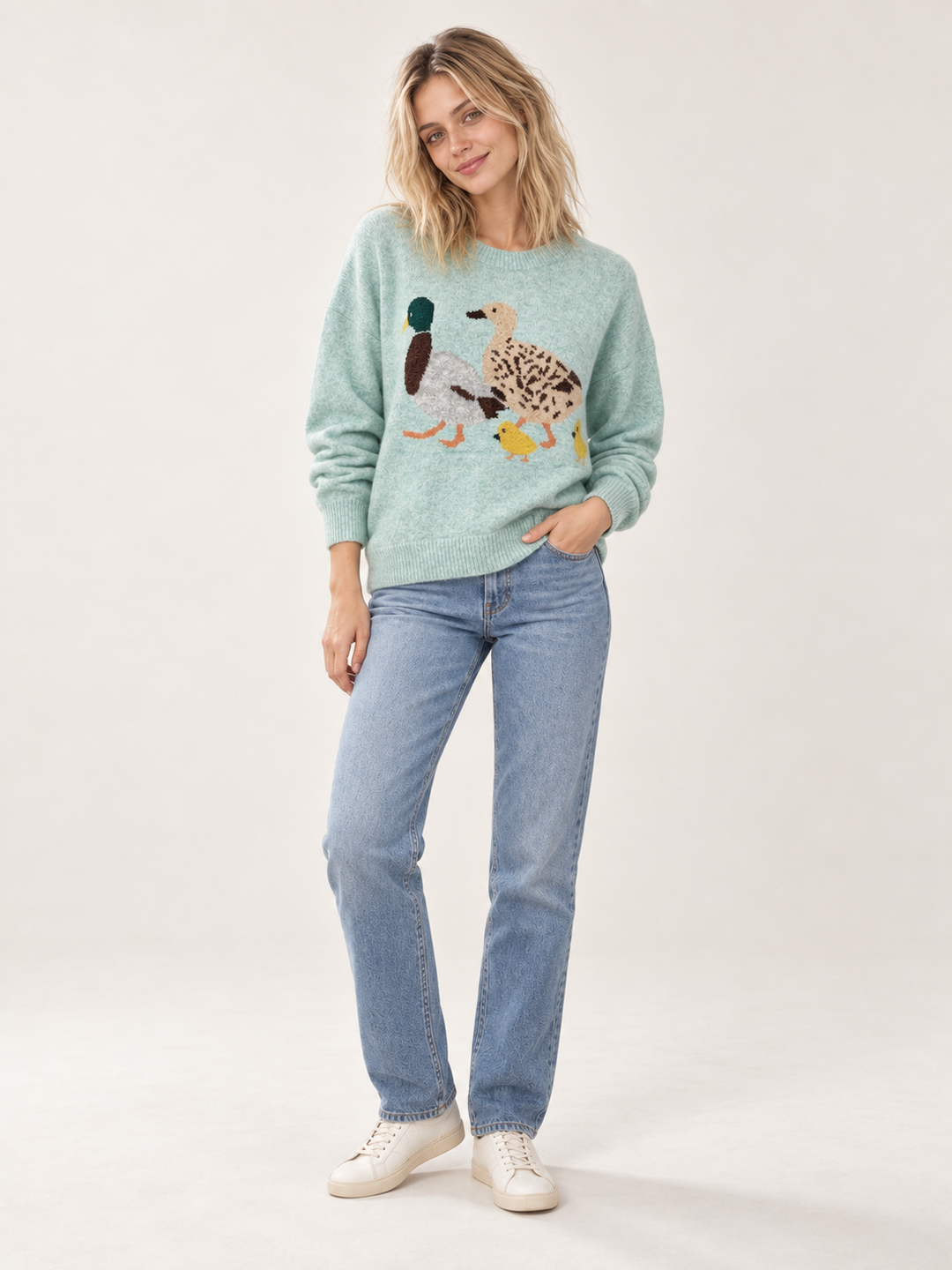 Duck Family Sweater Green full body view on model