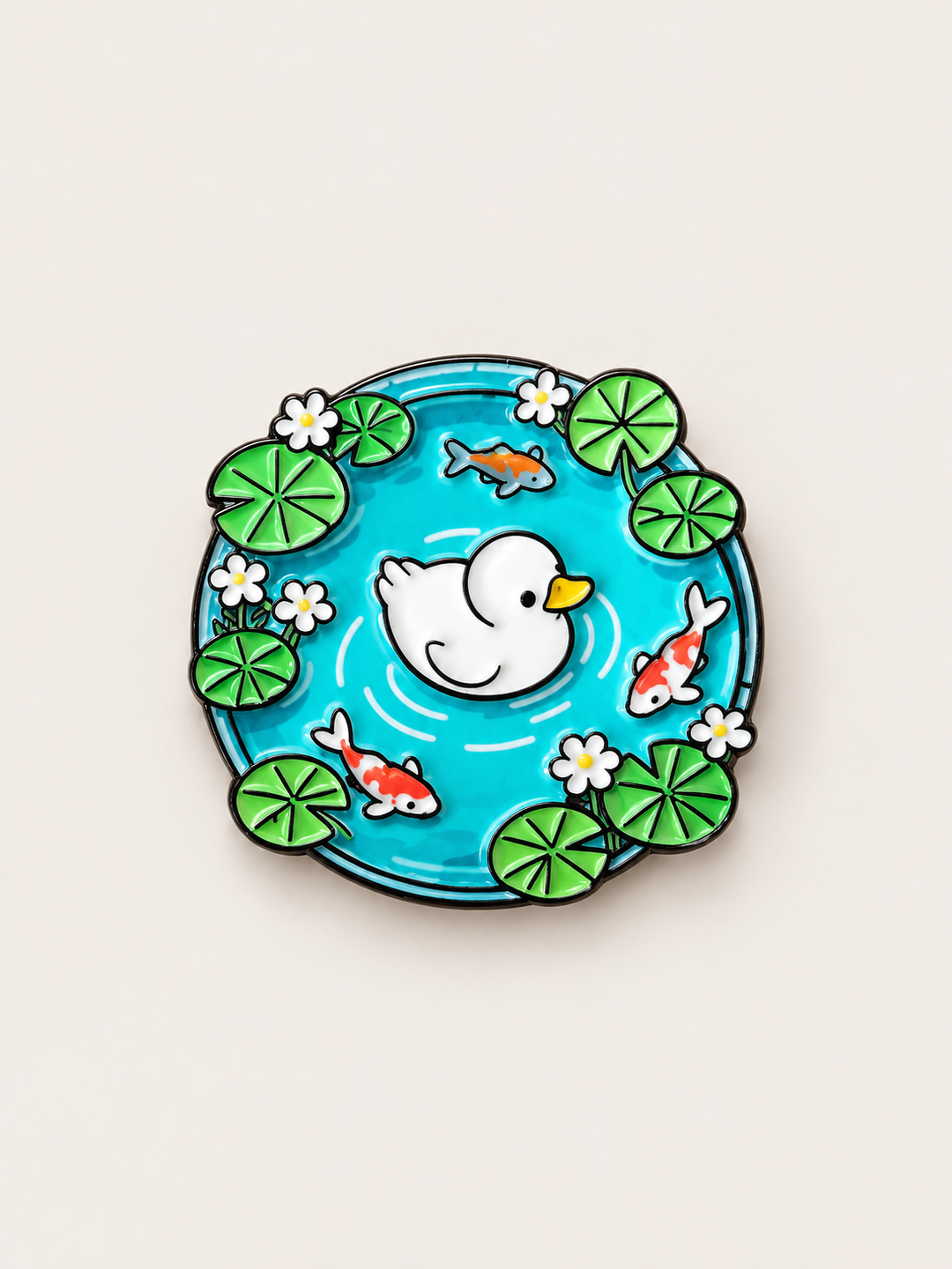 Duck Koi Pond Pin shown on a warm neutral background