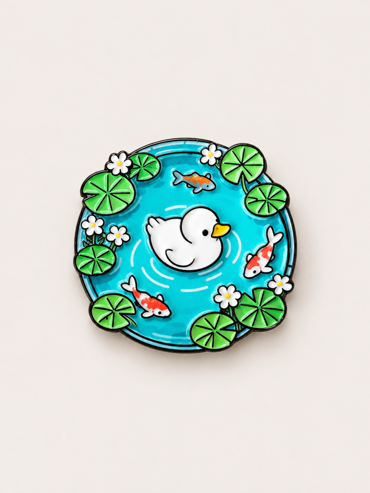 Duck Koi Pond Pin shown on a warm neutral background