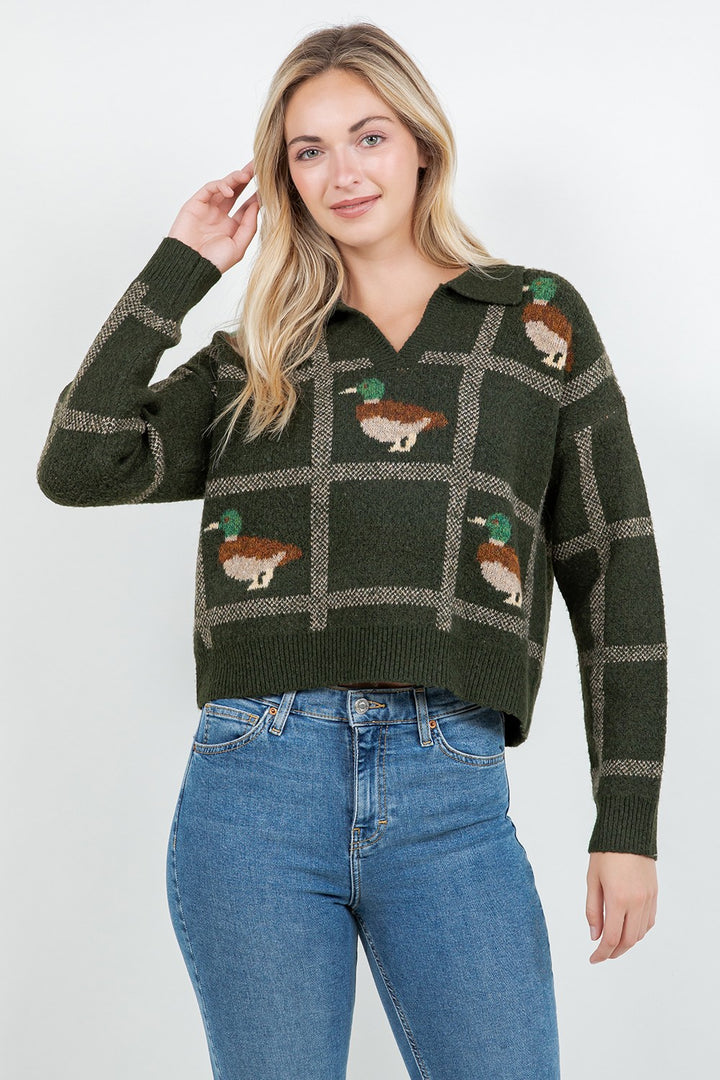 Mallard Duck Plaid Polo Sweater Green